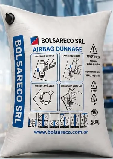 Bolsa Dunnage AirBag BOLSARECO SRL con válvula de inflado e instrucciones de uso
