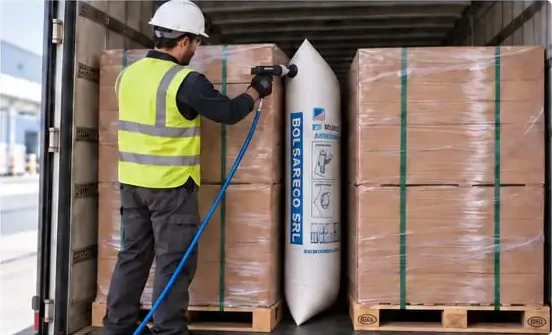 Operario inflando una bolsa Dunnage AirBag BOLSARECO entre pallets dentro de un camión