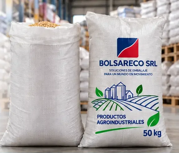 Bolsas de rafia de polipropileno BOLSARECO, una blanca con grano y otra impresa de 50 kg, en depósito